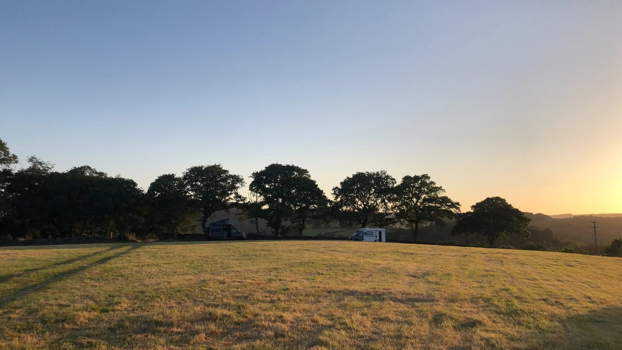 Open field with trees and parked vehicles at sunset.