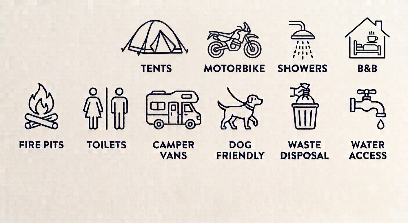 Icons representing camping and outdoor features with text labels, including tents, motorbike, showers, bed and breakfast, campfire, toilets, camper vans, dog friendly, waste disposal, and water access.