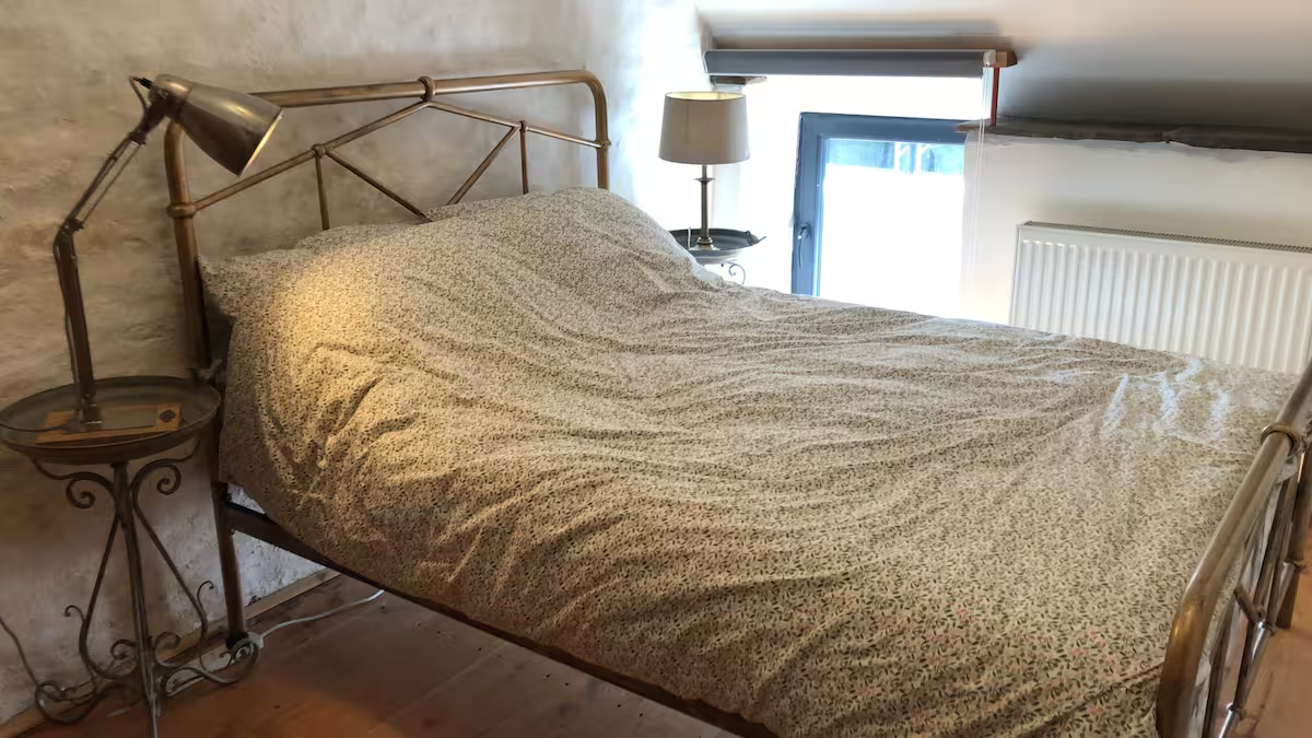 A bedroom with a metal bed frame, a leopard print bedspread, a small side table with a brass lamp, a larger lamp on a nightstand, a window with a roller shade, and a radiator.