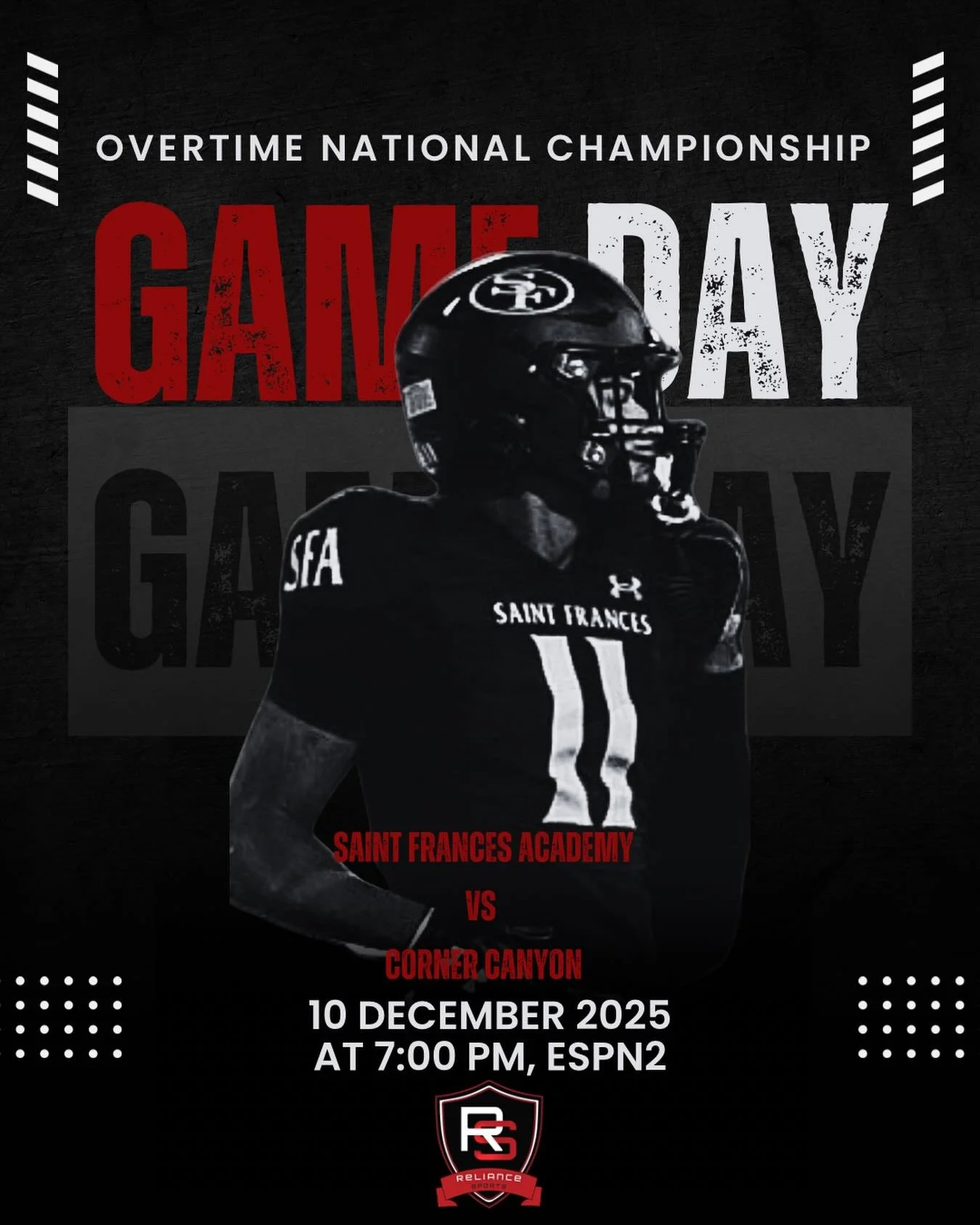 Championship night. Damon Hall Jr. and Saint Frances Academy face Corner Canyon in the Overtime National Championship Game &mdash; tonight at 7PM on ESPN2.
Lights on. Stakes high. Time to show the country what SFA is about.
🛡️ #RelianceSports #SFA #