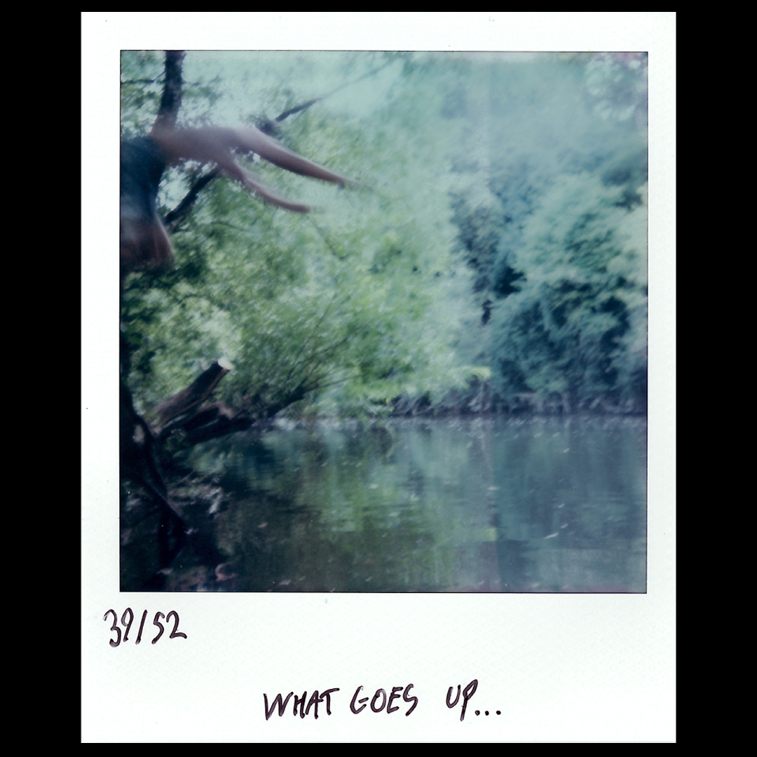 Blurred image of trees and water with a hand reaching out from the top left corner, handwritten text at the bottom reading '39152' and 'What goes up...'.