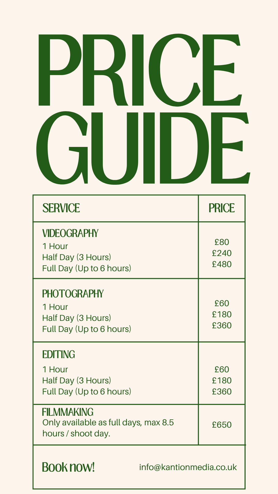 Price guide for videography, photography, editing, and filmmaking services with prices listed in pounds.