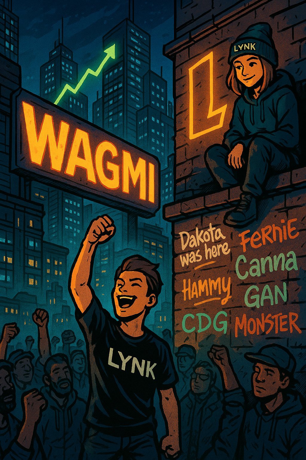 Illustrated scene of people celebrating in a city with neon signs reading "WAGMI" and "L". A graph showing an upward trend is on a skyscraper. One person wears a "LYNK" shirt, another sits nearby. Wall has graffiti names like "Dakota," "Fernie," and