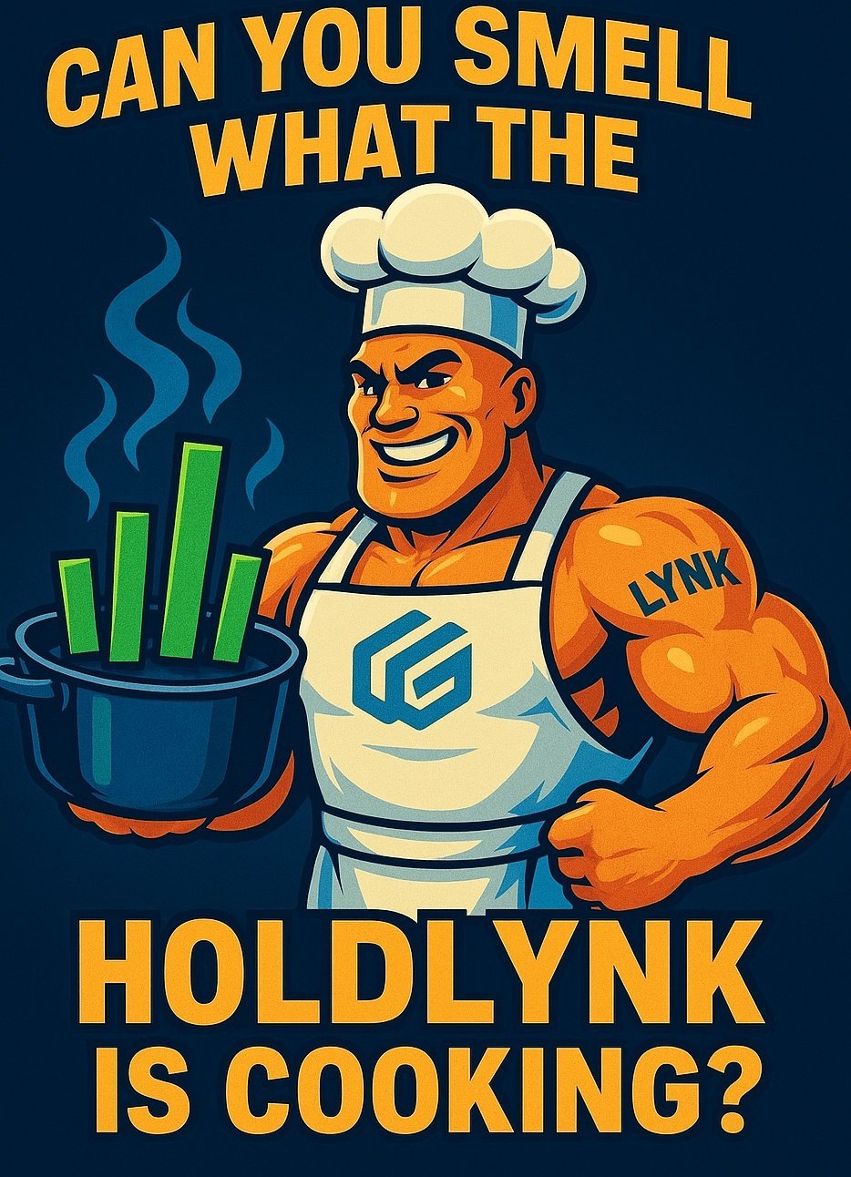 Cartoon character in a chef outfit holding a pot with steaming green bars. Text: "Can you smell what the HoldLynk is cooking?"