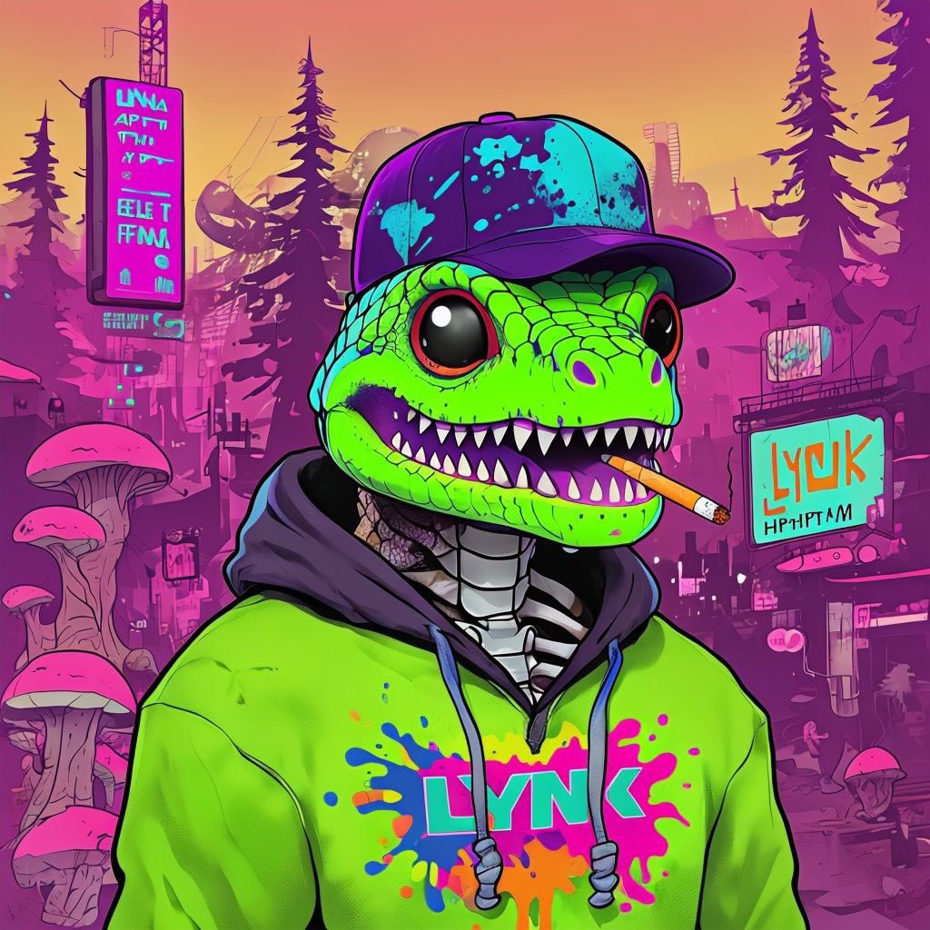 Cartoon lizard character wearing a cap and hoodie, holding a cigarette, set against a vibrant, neon-colored cityscape with oversized mushrooms and futuristic signs.