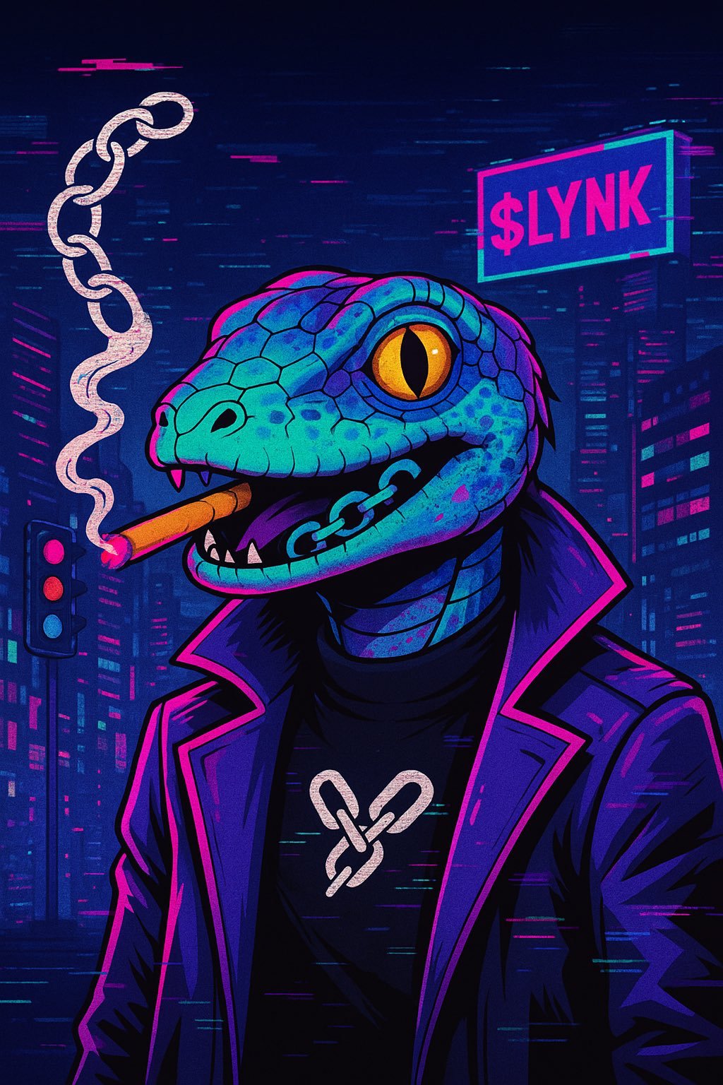 Illustration of a stylized humanoid lizard wearing a purple trench coat, holding a cigar in its mouth. The background features a neon cityscape with a sign reading '$LYNK.' The lizard has bright blue scales and yellow eyes.