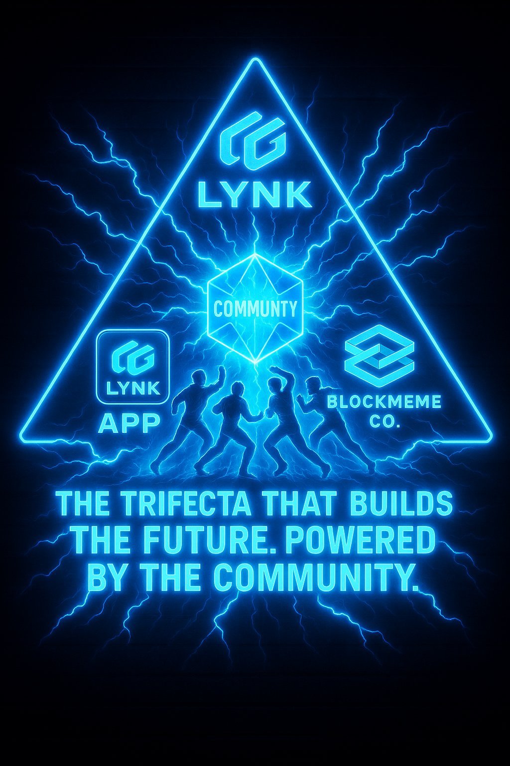 Neon blue triangular graphic with 'Lynk' logo at the top, 'Lynk App' on the left, 'Blockmeme Co.' on the right, and 'Community' in the center. Silhouettes of four running figures below. Text reads 'The trifecta that builds the future. Powered by the
