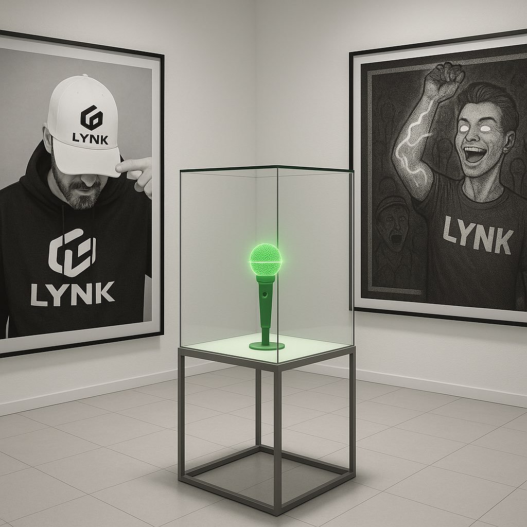 A green microphone displayed in a glass case, flanked by two black-and-white portraits of people wearing "LYNK" branded clothing.