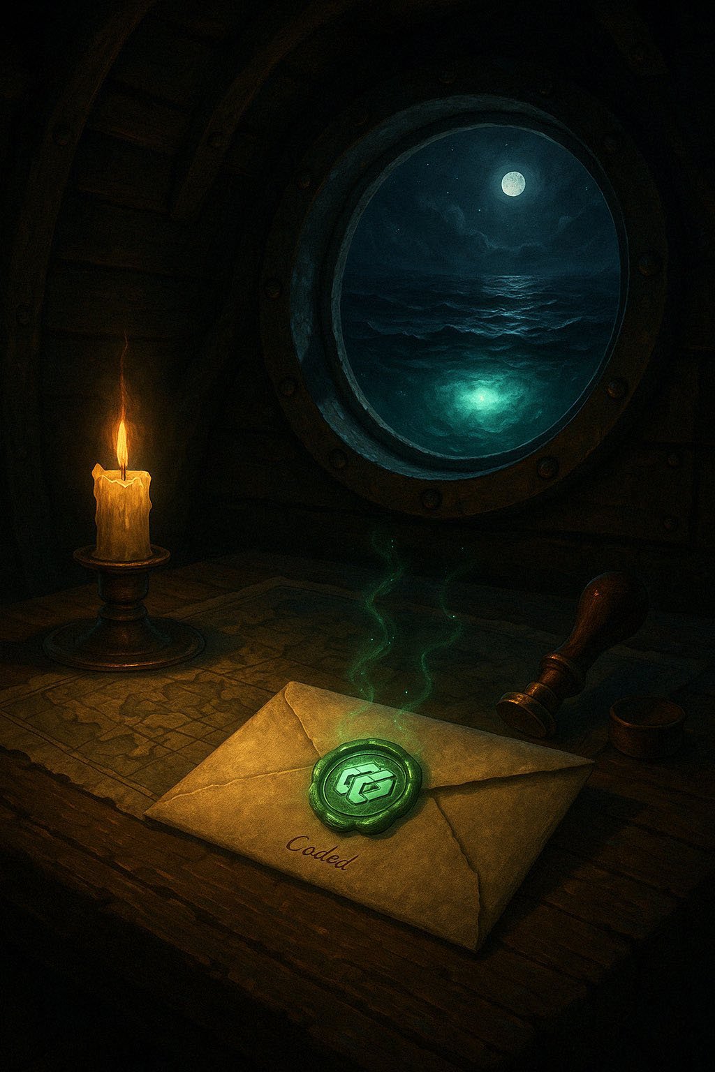 A candle-lit room interior with a nautical theme, featuring a glowing letter sealed with green wax on a desk, and a window showing a moonlit sea view.
