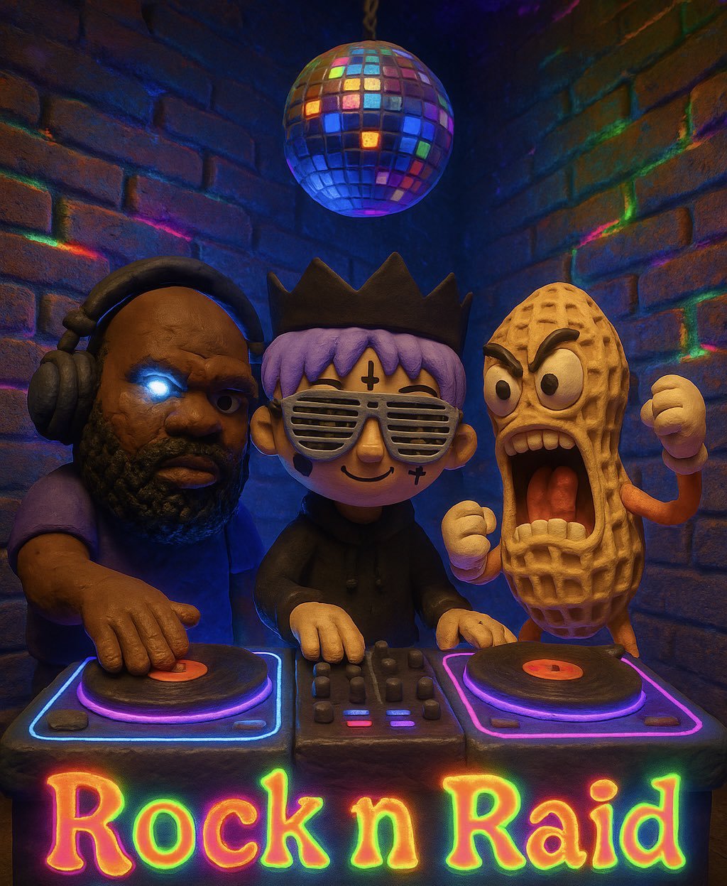 Clay figures of a DJ and two characters standing at a DJ booth with neon "Rock n Raid" sign, brick wall background, and disco ball overhead.