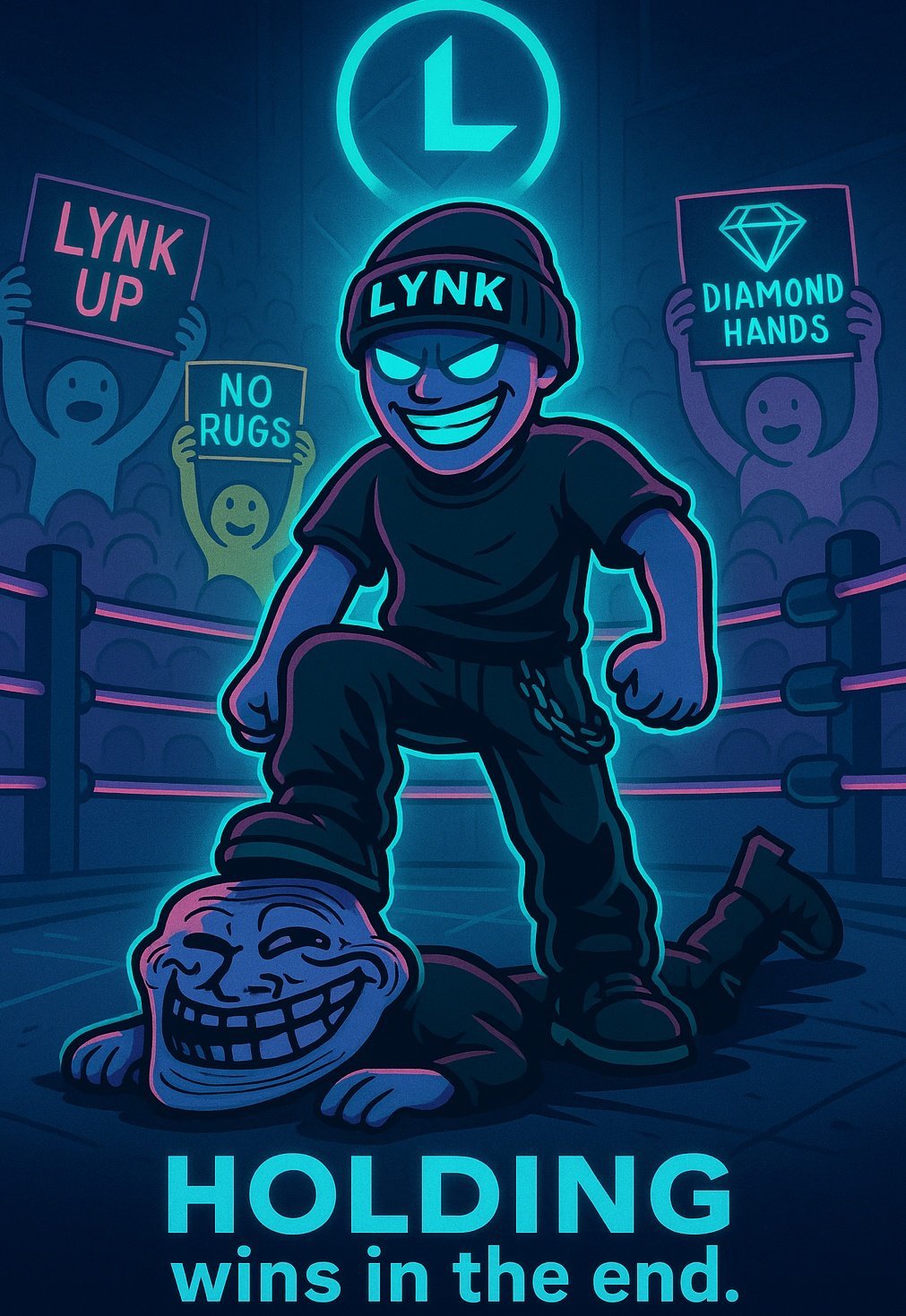 Comic-style illustration of a grinning figure wearing a 'LYNK' beanie standing triumphantly on a defeated troll face character in a wrestling ring. In the background, fans hold signs reading 'LYNK UP,' 'NO RUGS,' and 'DIAMOND HANDS.' The text 'HOLDIN