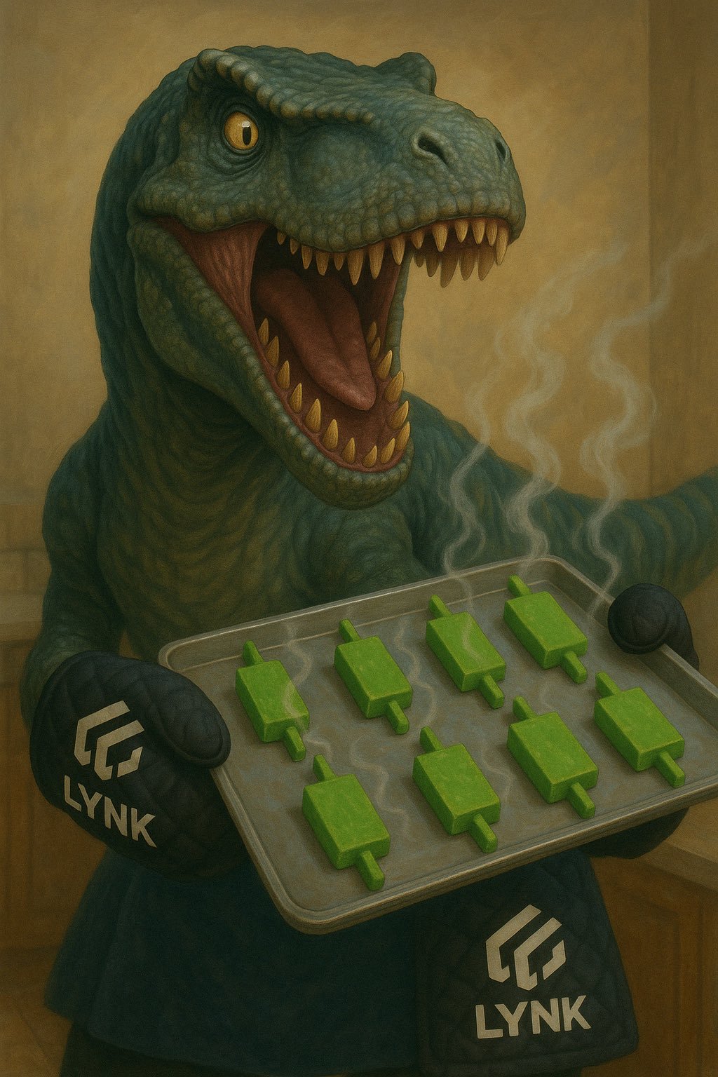 A dinosaur wearing oven mitts and apron, holding a tray of green popsicles.