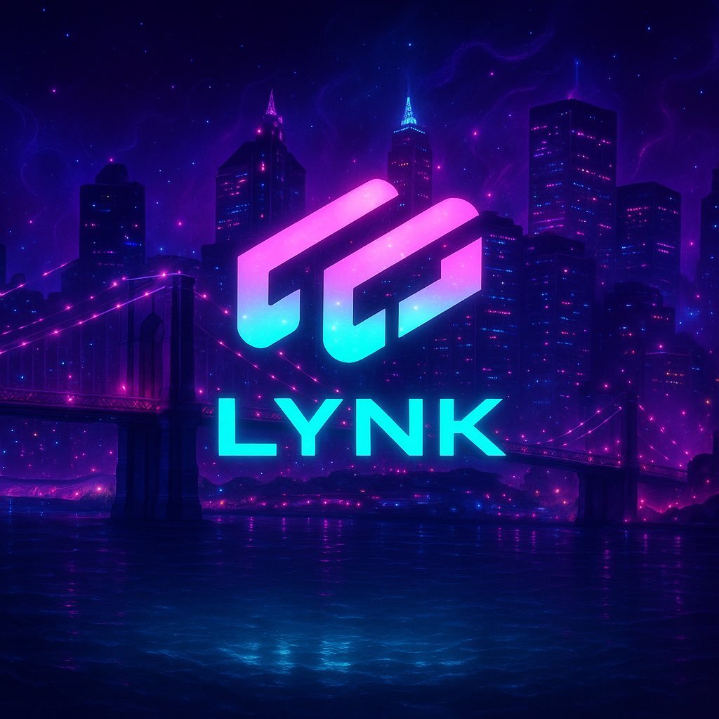Futuristic city skyline at night with neon lights and "LYNK" text in glowing font.