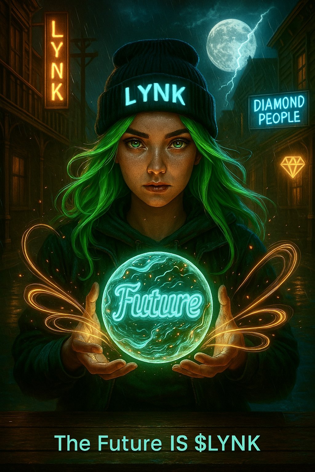 A digital artwork depicting a person with green hair and a beanie labeled 'LYNK,' holding a glowing orb inscribed with the word 'Future.' Neon signs reading 'LYNK' and 'DIAMOND PEOPLE' are visible in the background along with a moonlit sky.