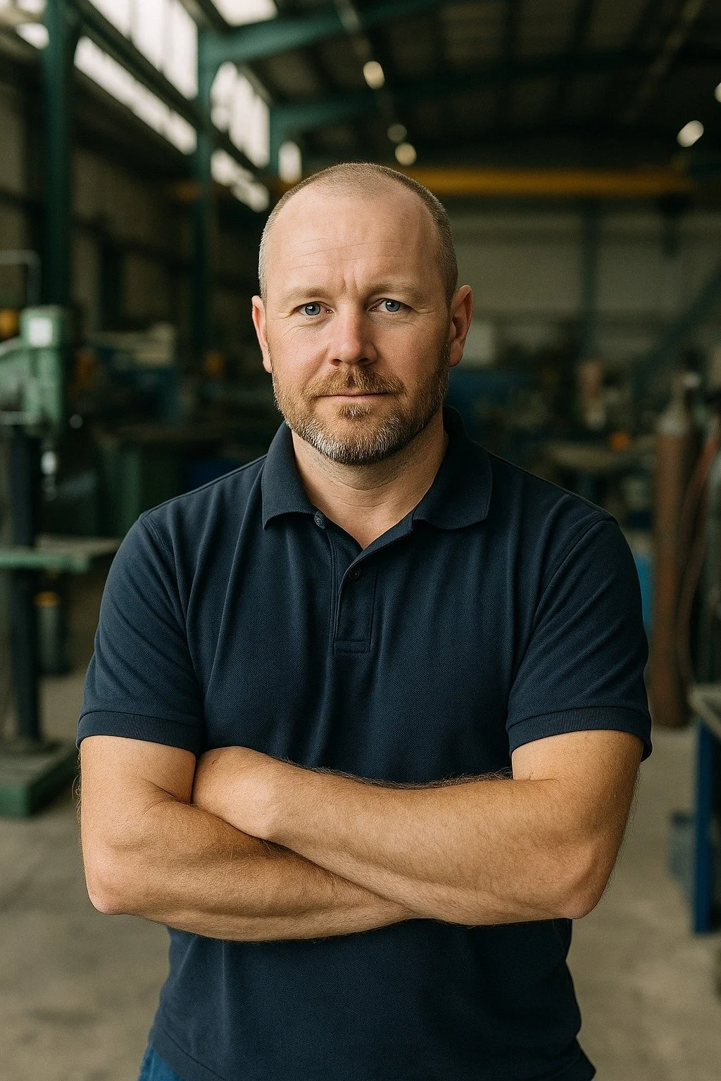 A man with a beard and short hair wearing a navy blue polo shirt, arms crossed, standing inside a workshop with metal tools and equipment in the background.