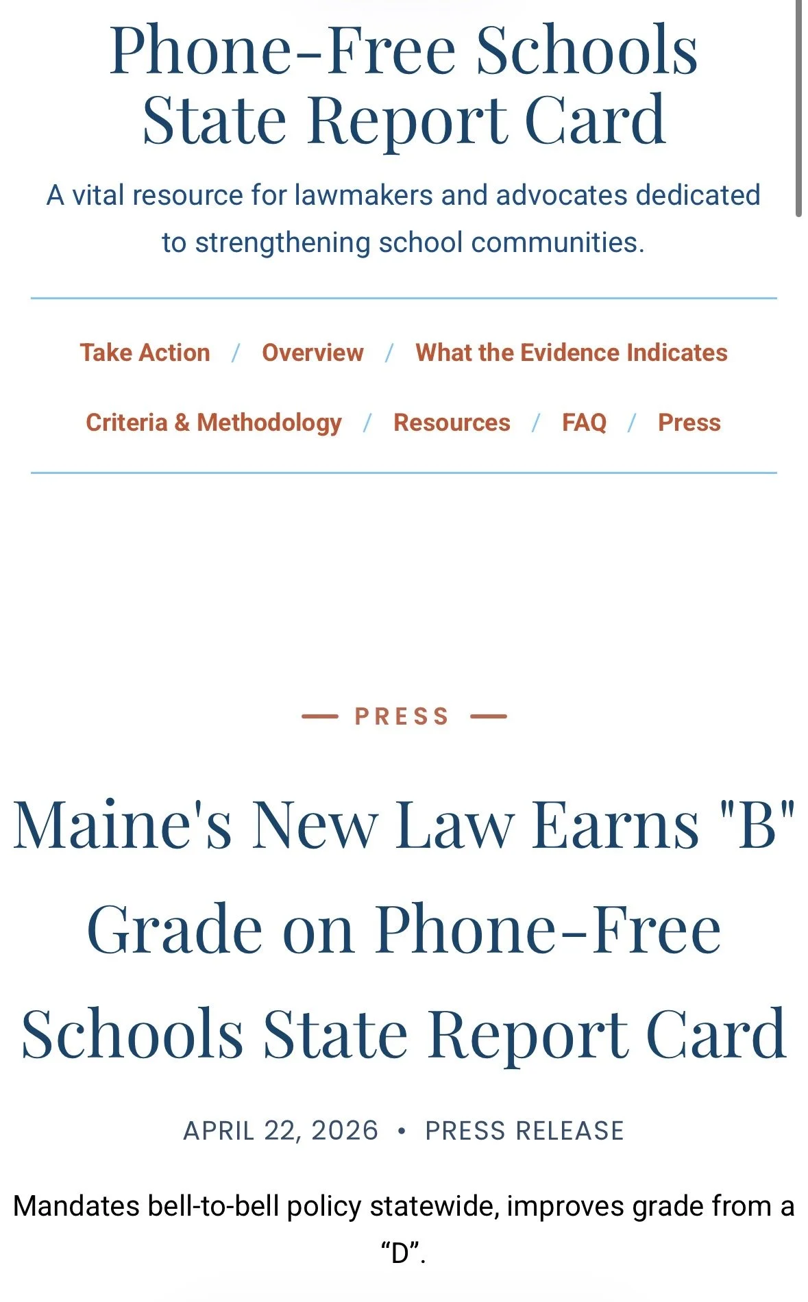       
  
    Maine's New Law Earns "B" Grade on Phone-Free Schools State Report Card  


  
 #block-5c4bc51d11990476f770 {
    
    
    
    
  }

  #block-5c4bc51d11990476f770 .sqs-html-content {
    
    }
    
  #block-5c4bc51d11990476f770 {
   