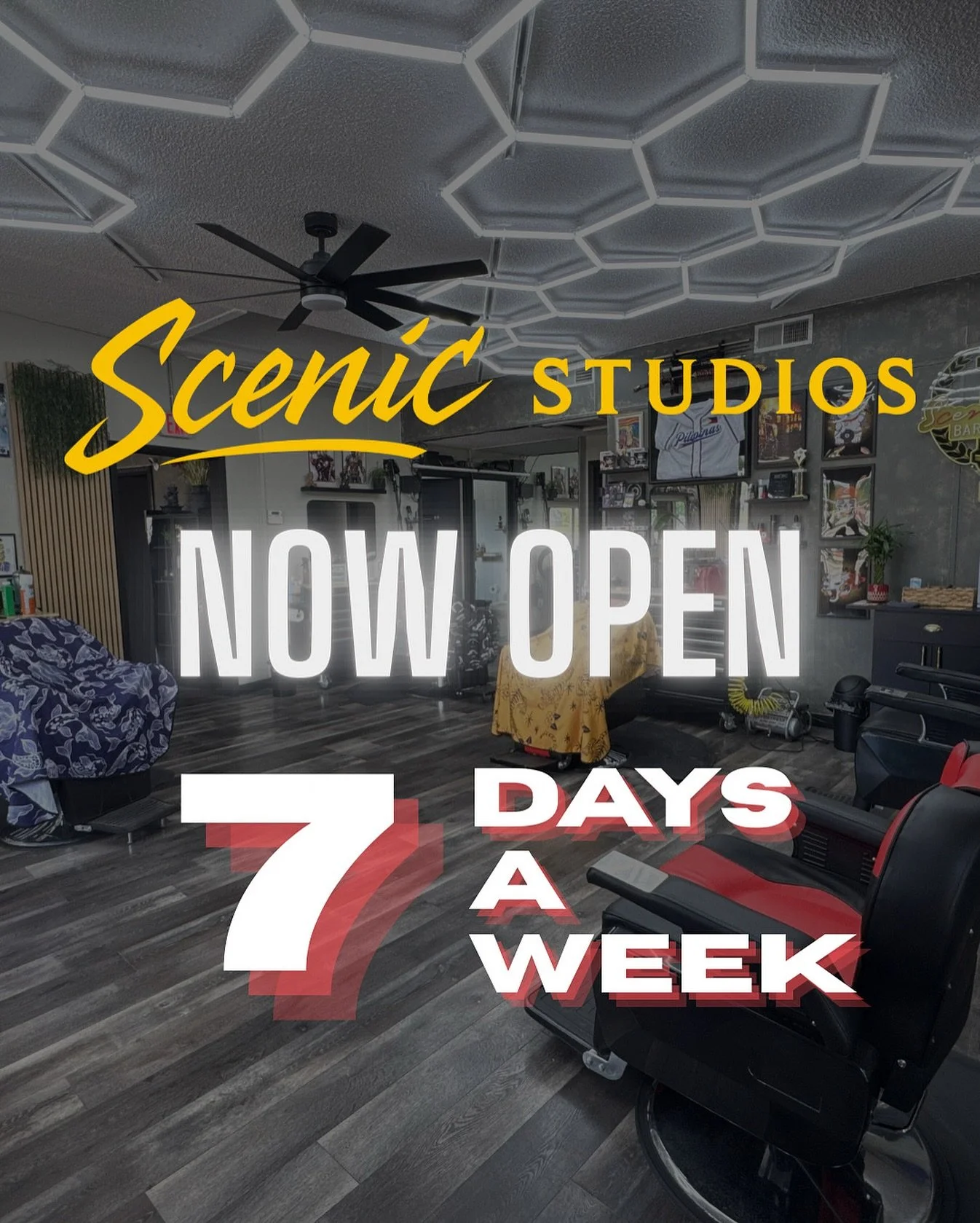✨ 7 DAYS OF FRESH ✨
You asked&hellip; we delivered. Scenic Studios is now open EVERY. SINGLE. DAY. 🗓✂️
No excuses. No bad hair days. Just good vibes &amp; fresh cuts and cool nails all week long. 💈⚡️

📅 Walk in or book online &mdash; your chair is