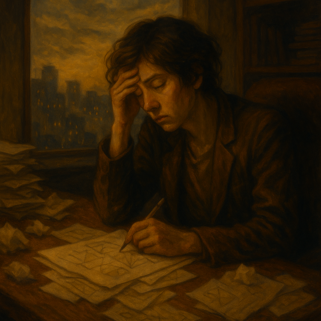IFS therapy depiction of a burdened manager part, overworking at a desk late at night, symbolising perfectionism and burnout.