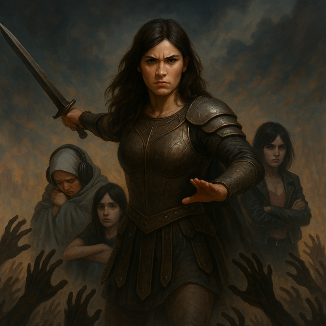 IFS therapy illustration of protector parts - a fierce inner defender holding a sword with exiled and managerial parts behind her.