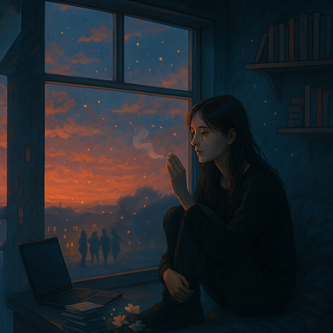 A young girl sitting by a window at sunset, reflecting on her inner world — symbolic of IFS therapy and self-reflection.