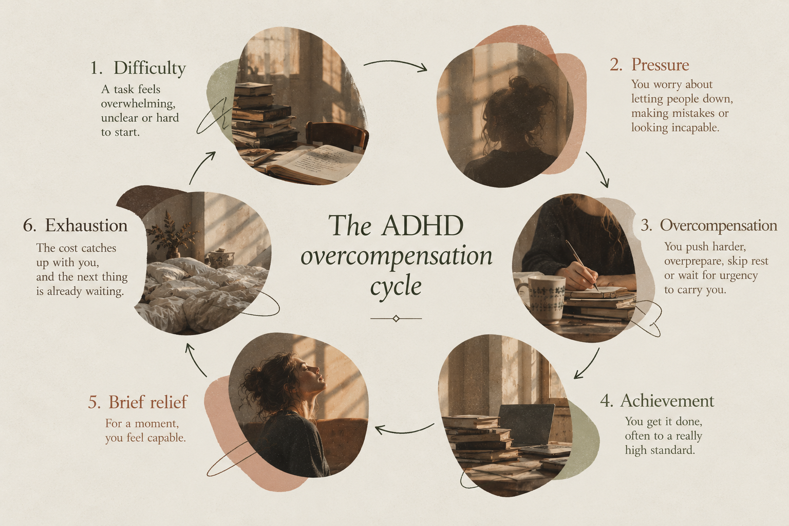 Illustrated diagram of the ADHD overcompensation cycle, showing six stages in a loop: difficulty, pressure, overcompensation, achievement, brief relief and exhaustion, which leads back to difficulty.