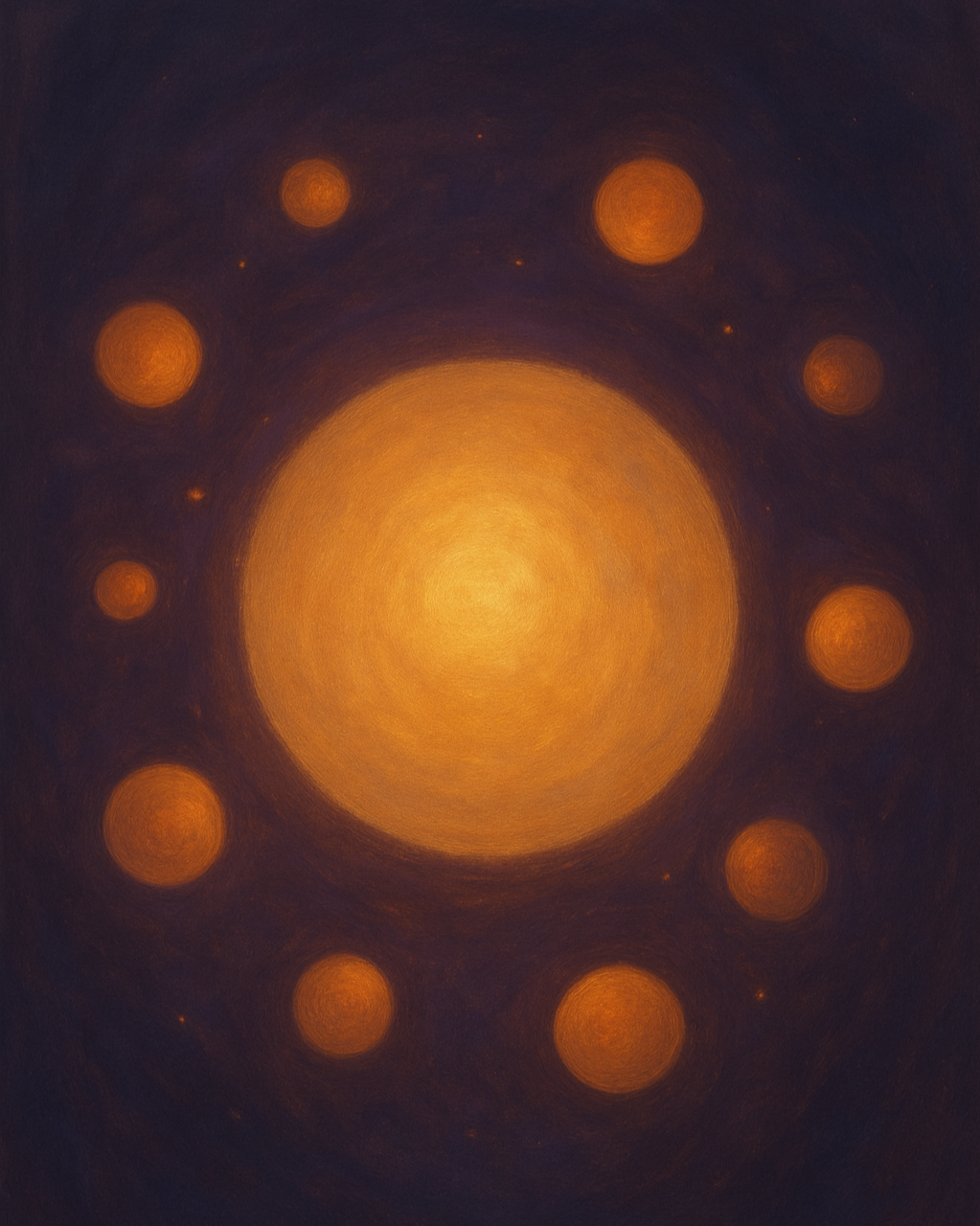 Abstract illustration of Internal Family Systems therapy showing a glowing central self surrounded by multiple protective parts in orbit.