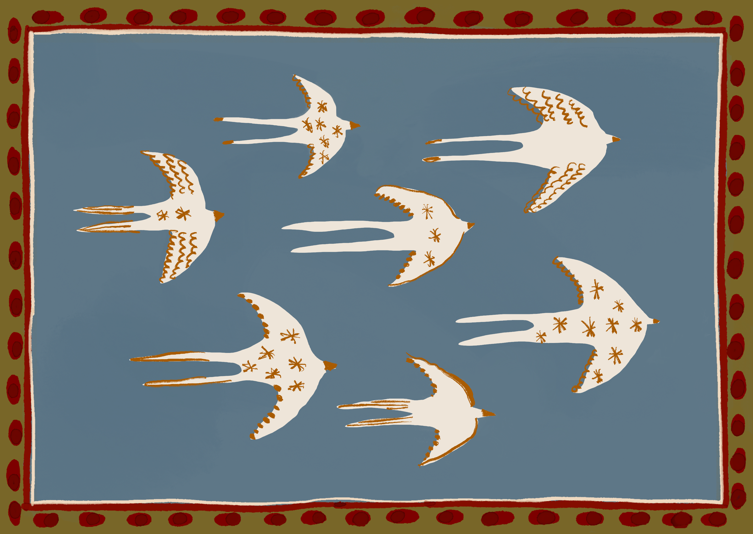 A stylized illustration of eight white birds with brown accents flying against a blue background, surrounded by a decorative border with a red and olive green pattern.