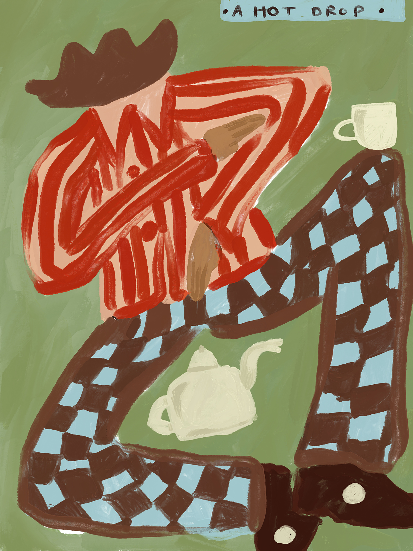 A children's drawing of a cowboy in a red and pink striped shirt, with a white teapot on a green table and a white mug on a green background, labeled 'A HOT DROP' at the top.