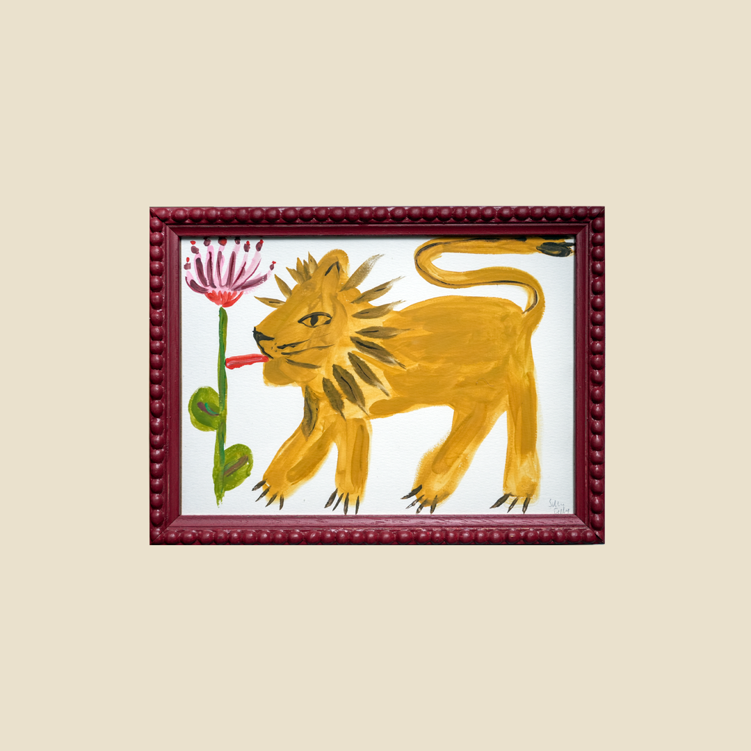'Protea For Lunch' Lion and Flower Gouache Painting