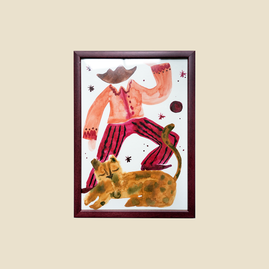 'Dancing with Dotty' Leopard and Cowboy Watercolour Painting