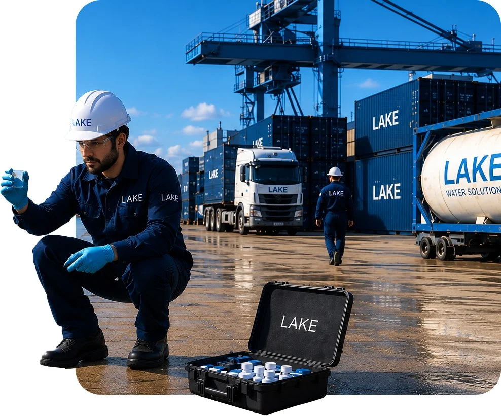 Workers at a shipping port with containers labeled "LAKE," a truck, and a water sampling kit on the ground labeled "LAKE."