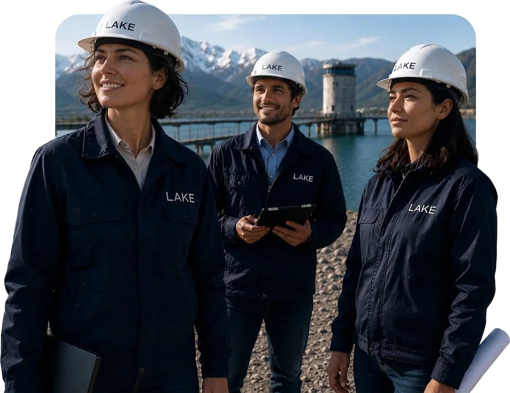 Three people wearing hard hats labeled 'LAKE' and navy jackets with 'LAKE' logo standing near a body of water with a dam and snowy mountains in the background.