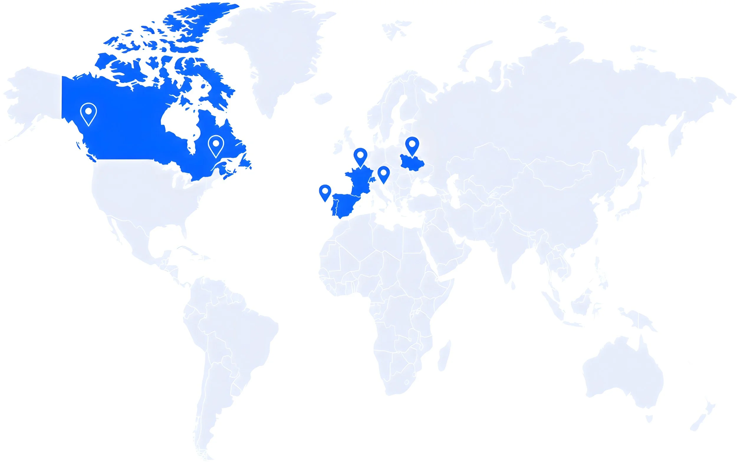 Map of the world highlighting Canada, France, and three African countries with blue markers.
