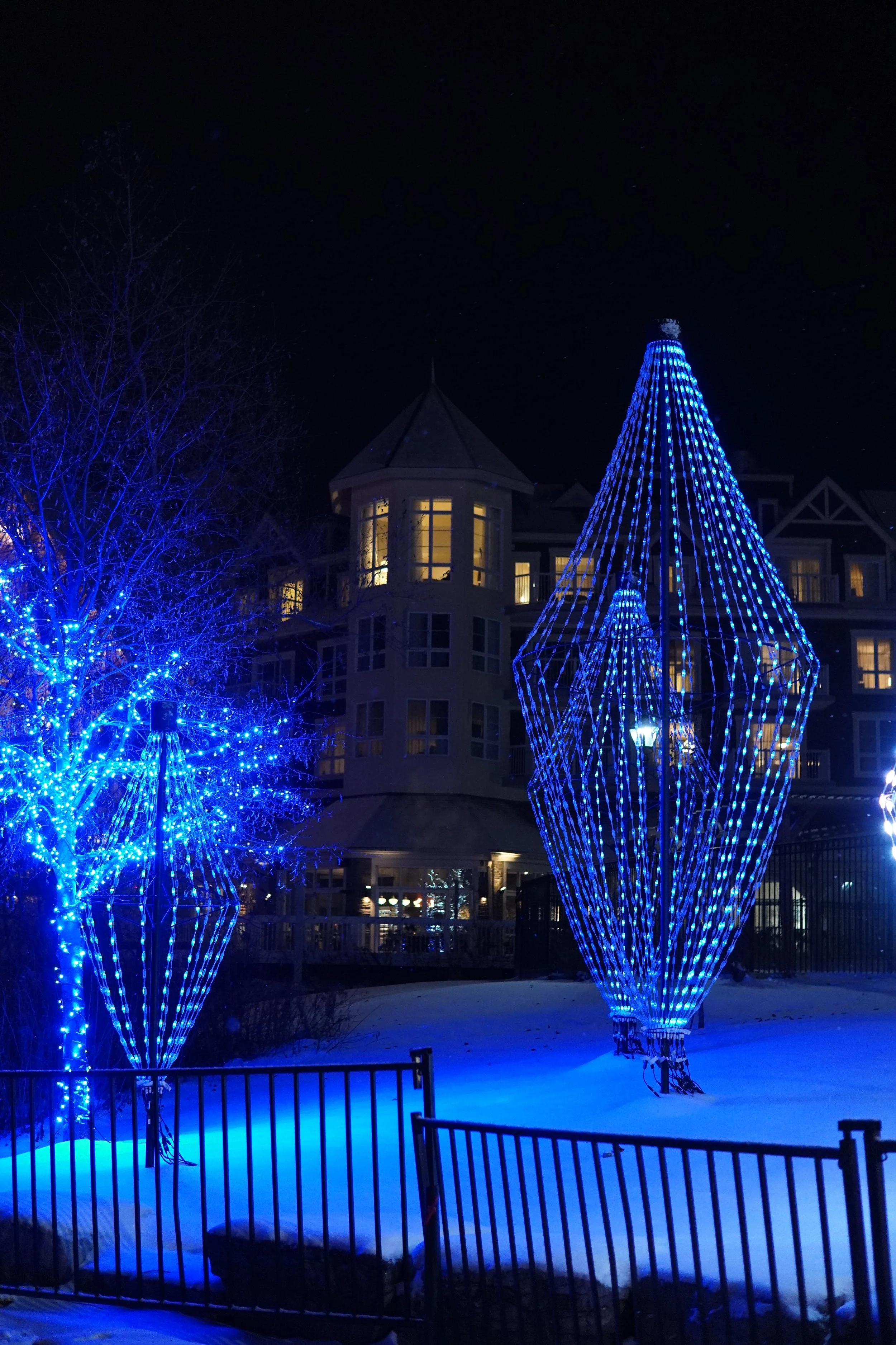 Nighttime scene with blue holiday lights on trees and decorative structures outside in the snow, with a large house in the background.
