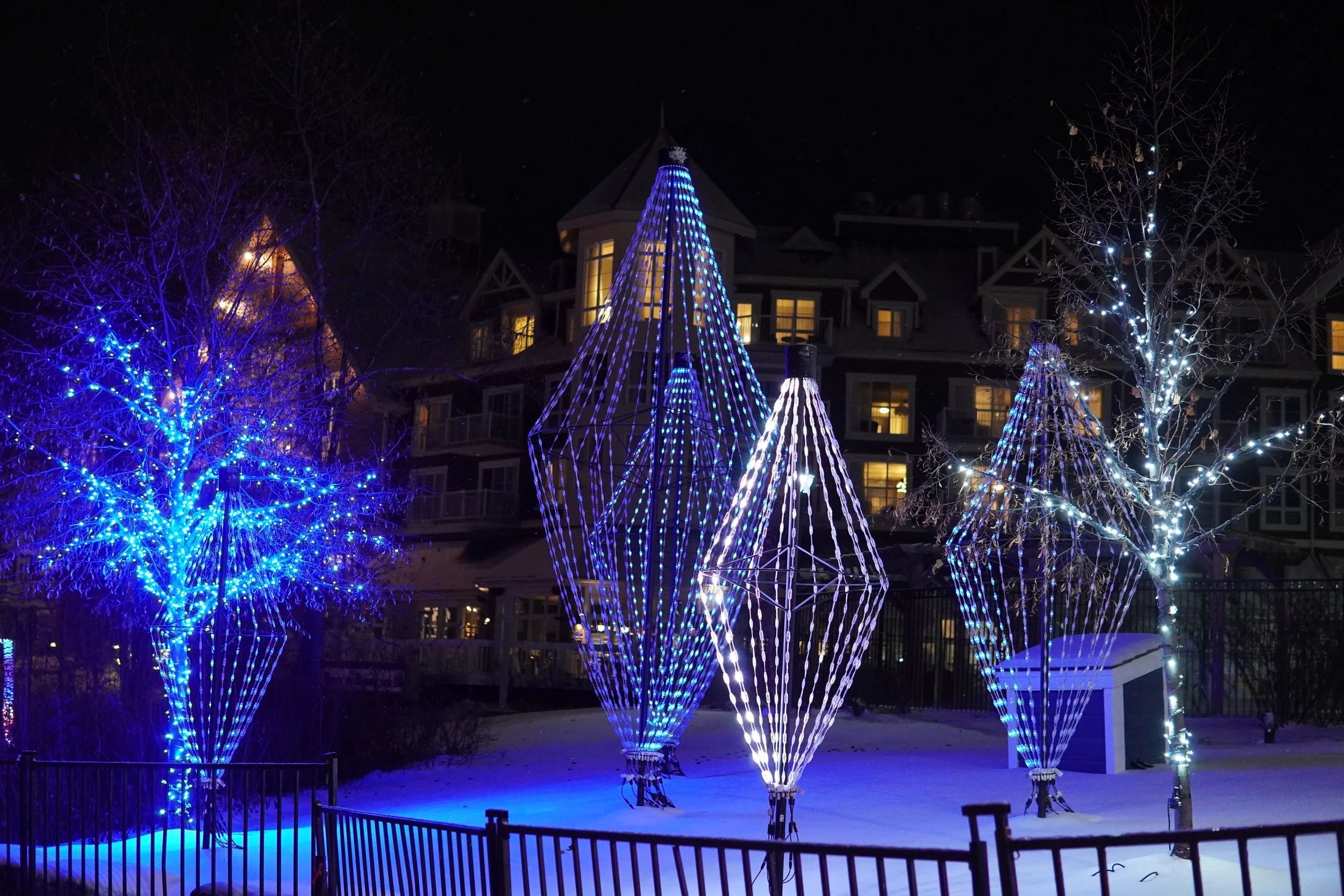 Nighttime holiday display with illuminated geometric light structures and snow-covered ground, flanked by snow-dusted trees decorated with white and blue lights, behind a fence, in front of a large dark house with lit windows.