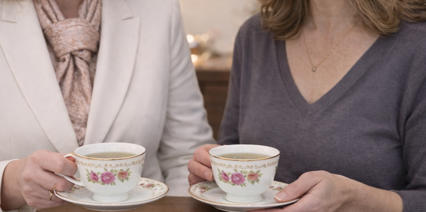 Two women smiling while holding tea cups and saucers, enjoying a moment together.