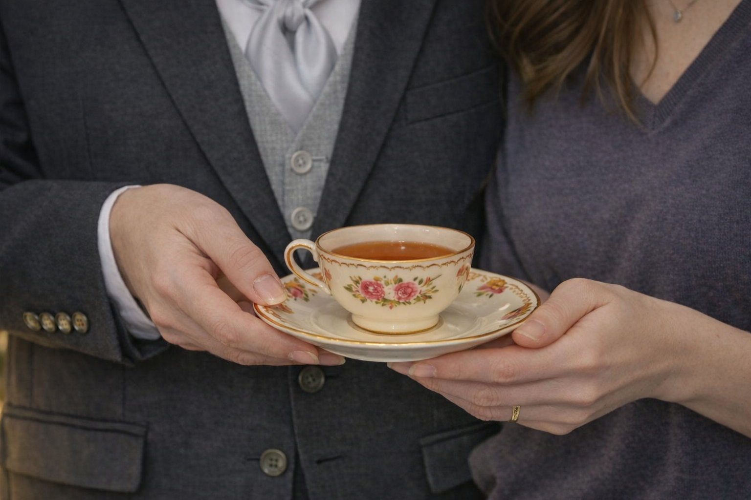 Person in a grey suit handing a cup of tea on a floral saucer to another person.