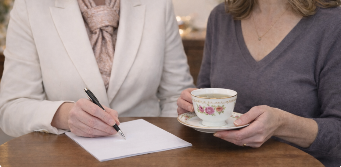 A woman signs a document while holding a cup of tea, focused on her task in a cozy setting.