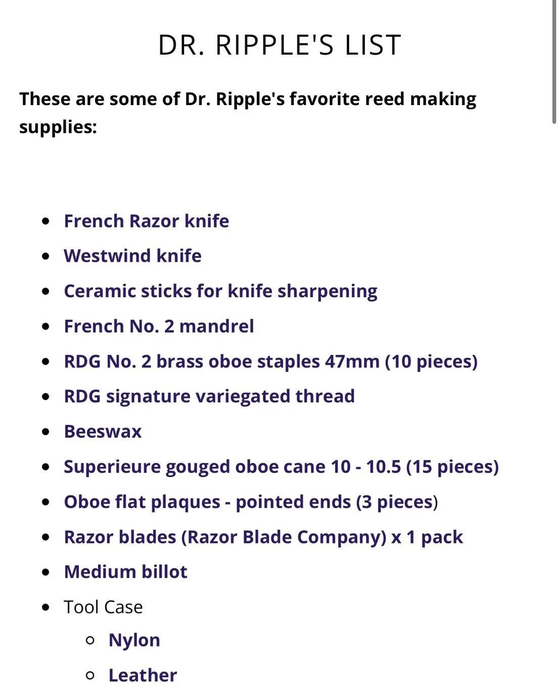 Thanks for the help putting this list of reed tools and supplies together, @rdgwoodwinds! This is such a great simplification for  students and the @memphisoboes!