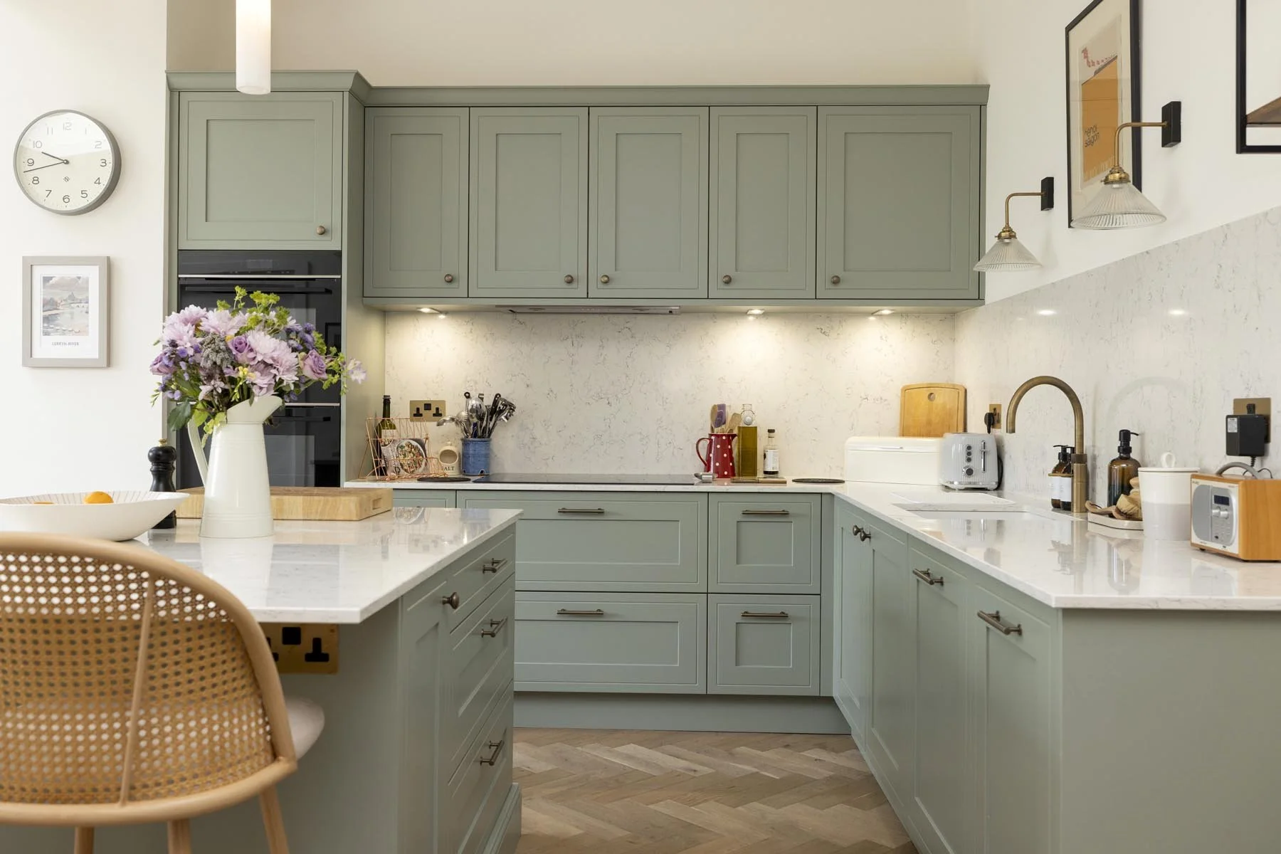 new shaker kitchen with solid worktops and brass handles 