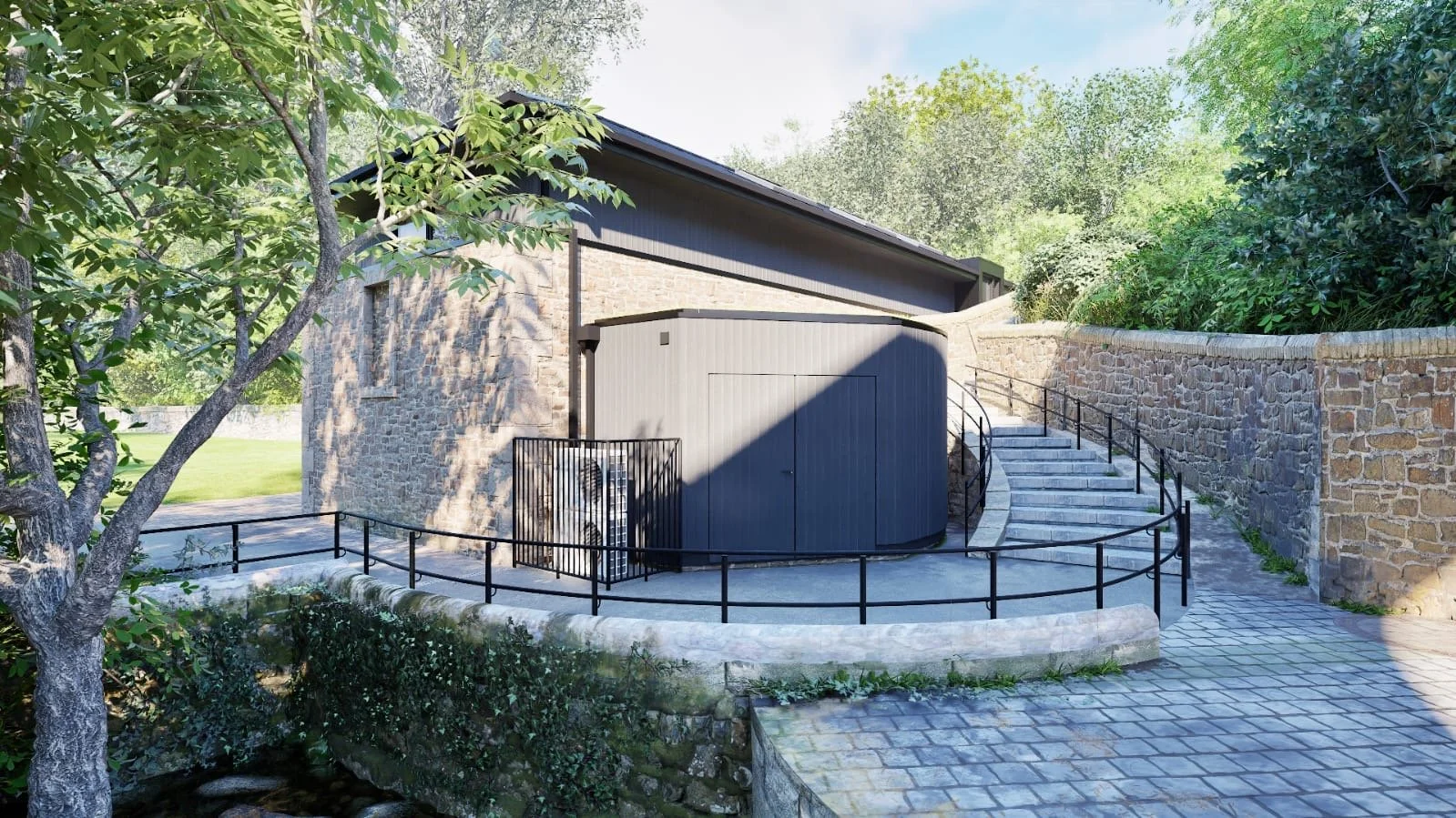 rear view of building showing black timber store and stone steps leading to water of leith pathway