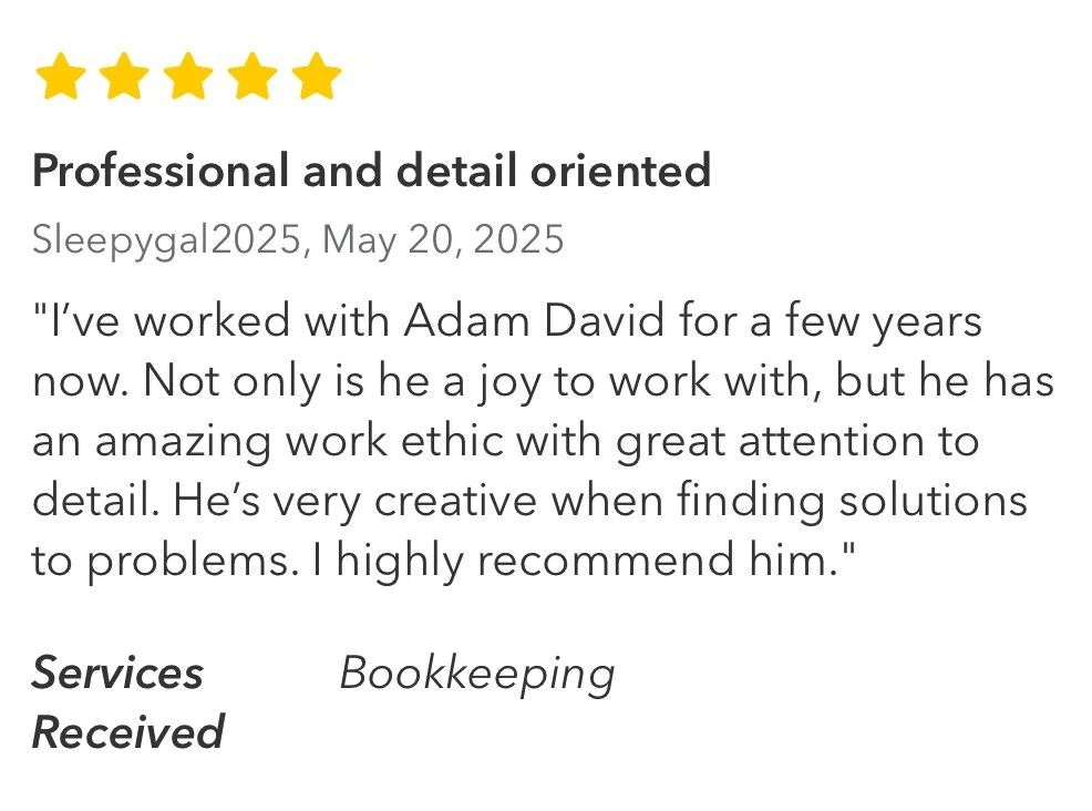 Customer review with five stars and a professional, detail-oriented theme, dated May 20, 2025, praising Adam David's work ethic, creativity, and attention to detail in bookkeeping services.