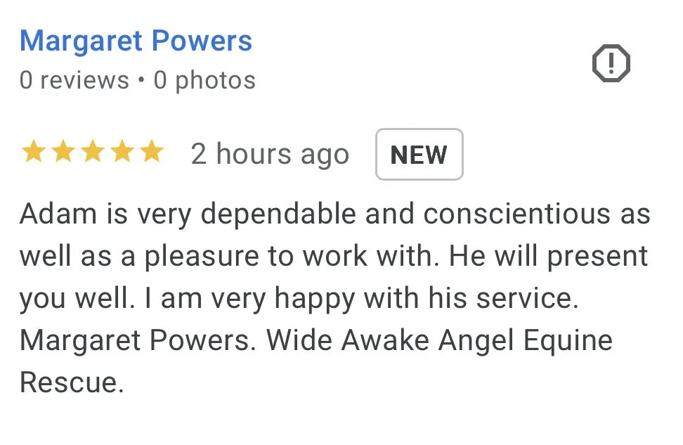 Customer review for Adam, expressing satisfaction with his service, posted by Margaret Powers on an online platform.