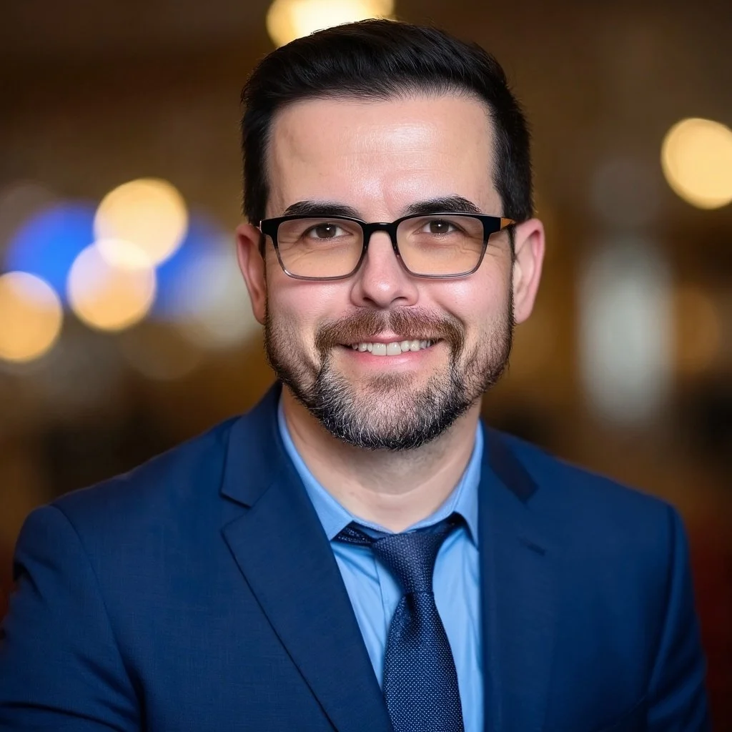 Portrait of a smiling man wearing glasses, a blue suit, dress shirt, and tie, with blurred warm-colored lights in the background.