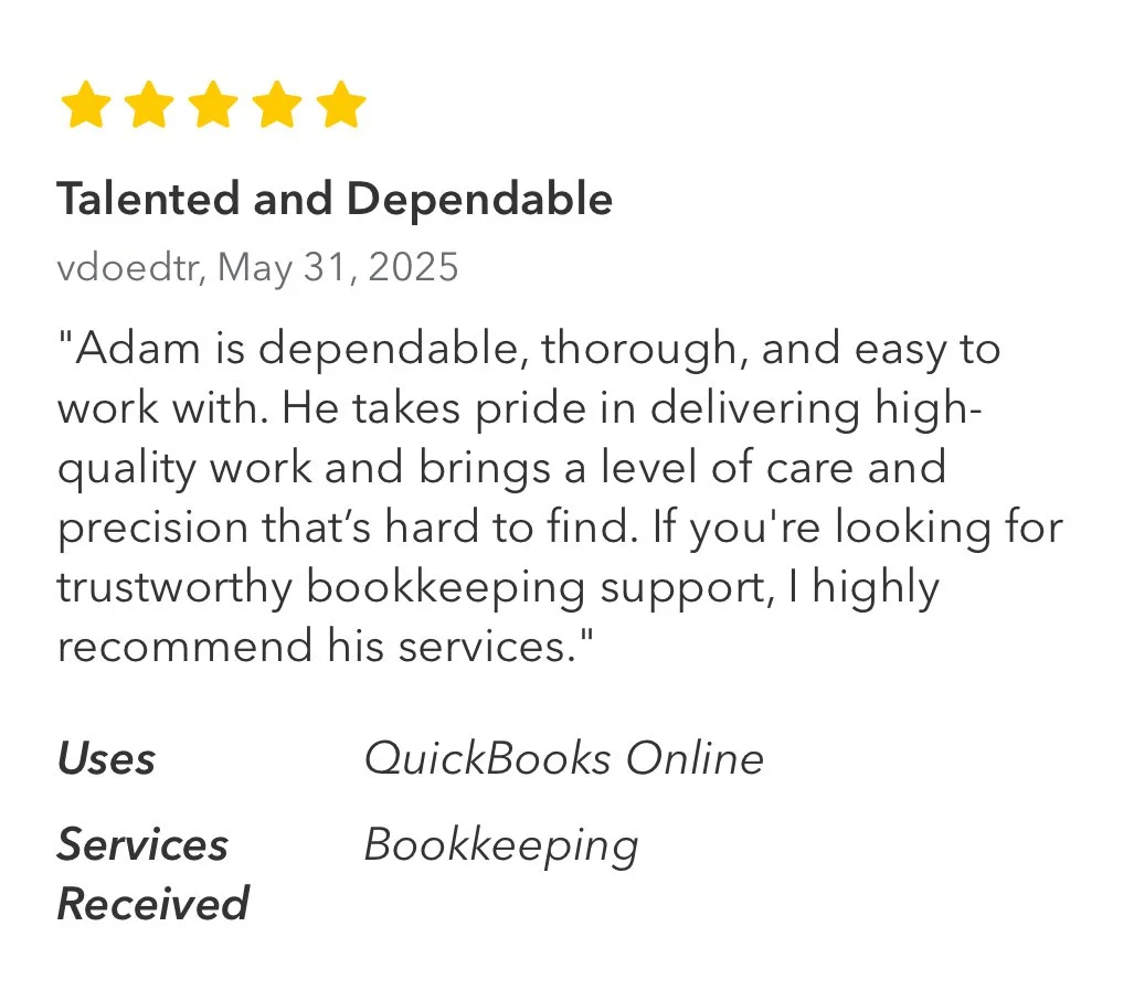 Customer review with five gold stars, titled "Talented and Dependable," dated May 31, 2025, praising Adam's reliability and quality work in bookkeeping via QuickBooks Online.