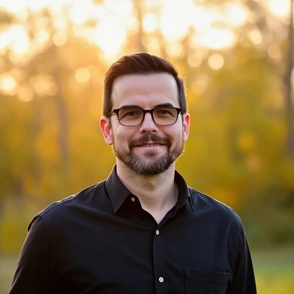 A man with dark hair, beard, and glasses standing outdoors during sunset, wearing a black shirt with trees and warm sunlight in the background.