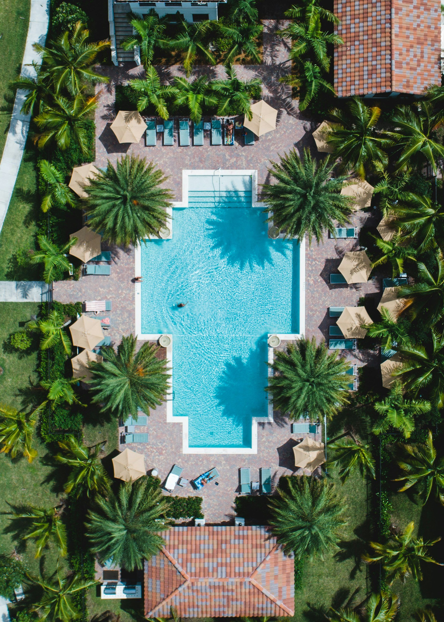 Aerial view of a swimming pool surrounded by palm trees, lounge chairs, umbrellas, and a terracotta-roof building.