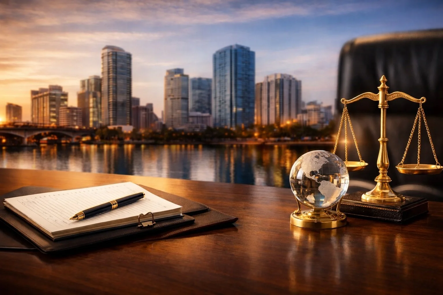 Office desk with a notepad and pen, a globe, and a scale of justice, overlooking a city skyline at sunset.