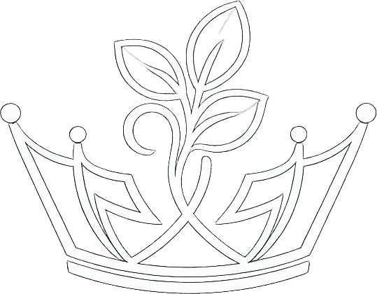 White outline of a crown with three leaves growing from the top center.
