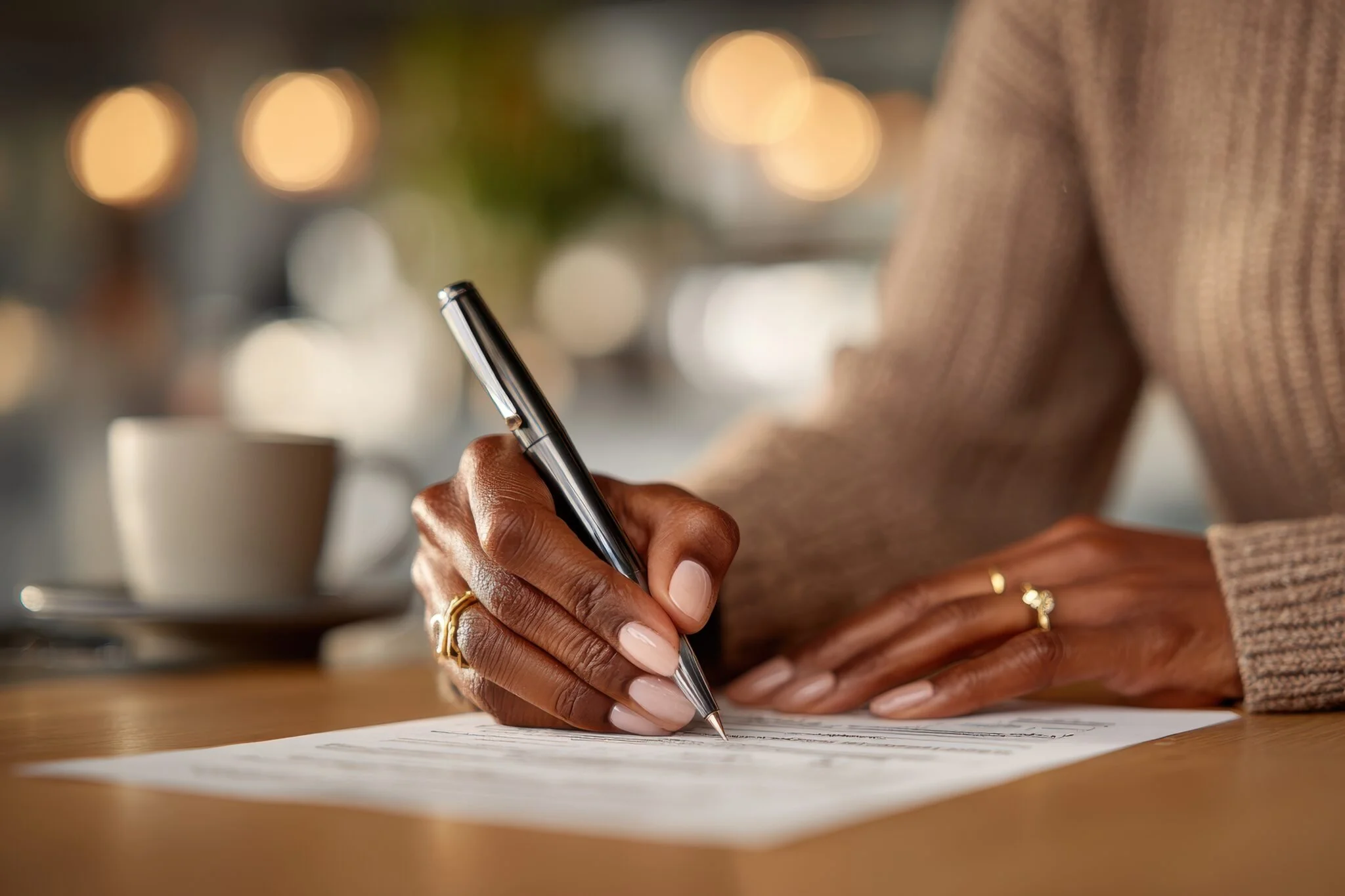 Close-up of a person's hand with rings, writing on a piece of paper with a silver pen, in a cozy setting with a coffee cup and blurred warm lights in the background.